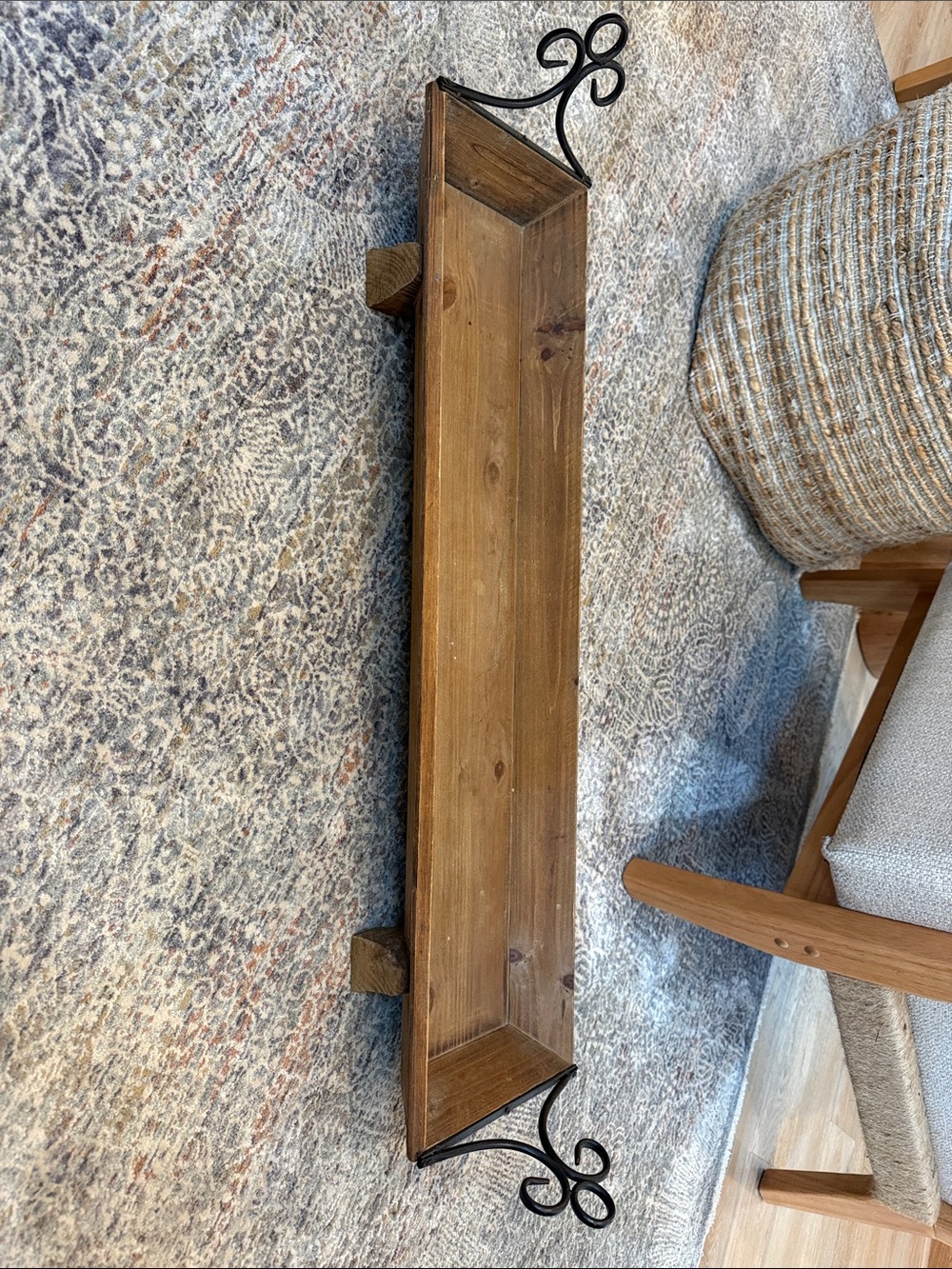 Wooden Rectangular Centerpiece Tray with Scroll Iron Handles - Brown